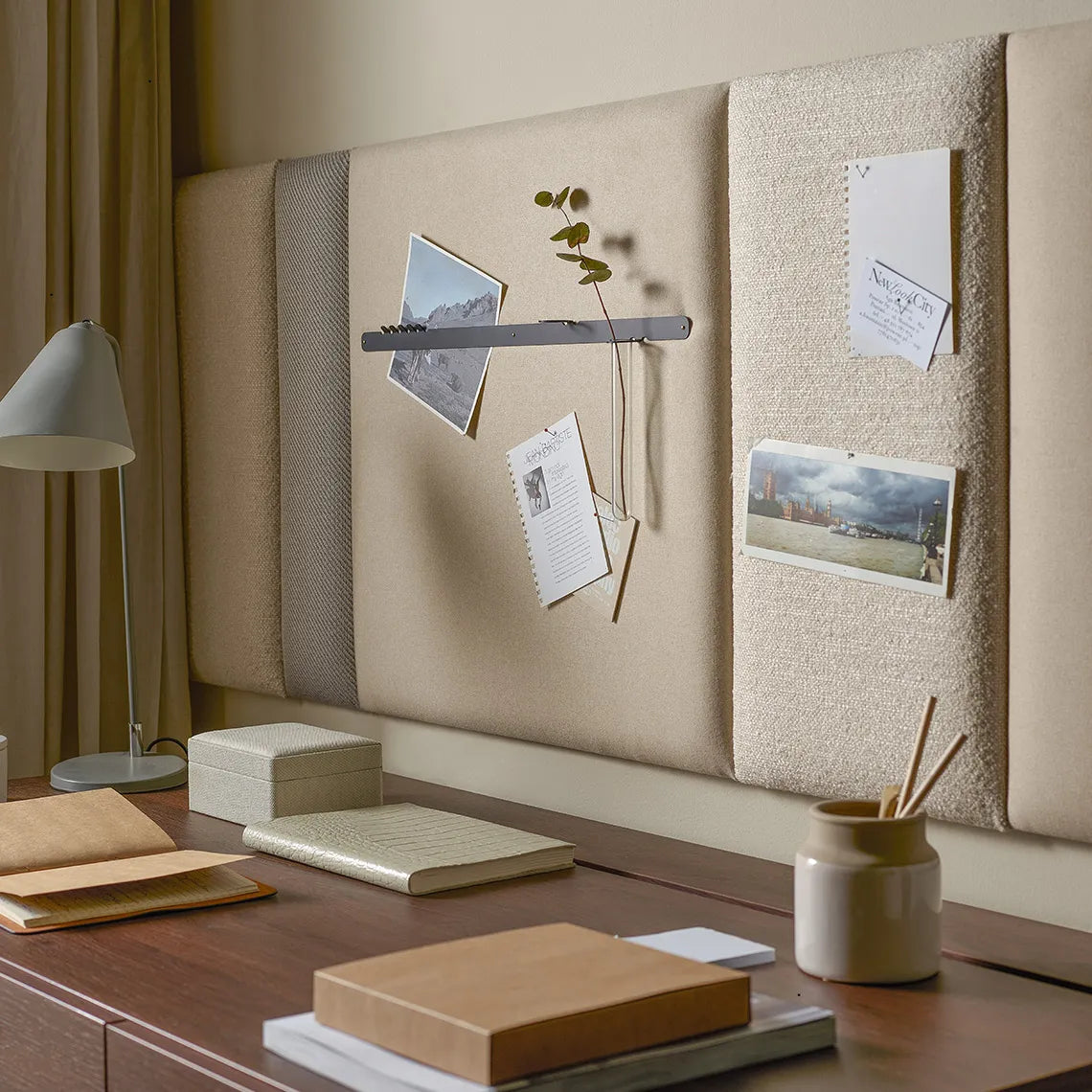 Padded Wall Boards Accessories - Decorative Strip 2 Black on beige upholstered panel above desk Decormania UK